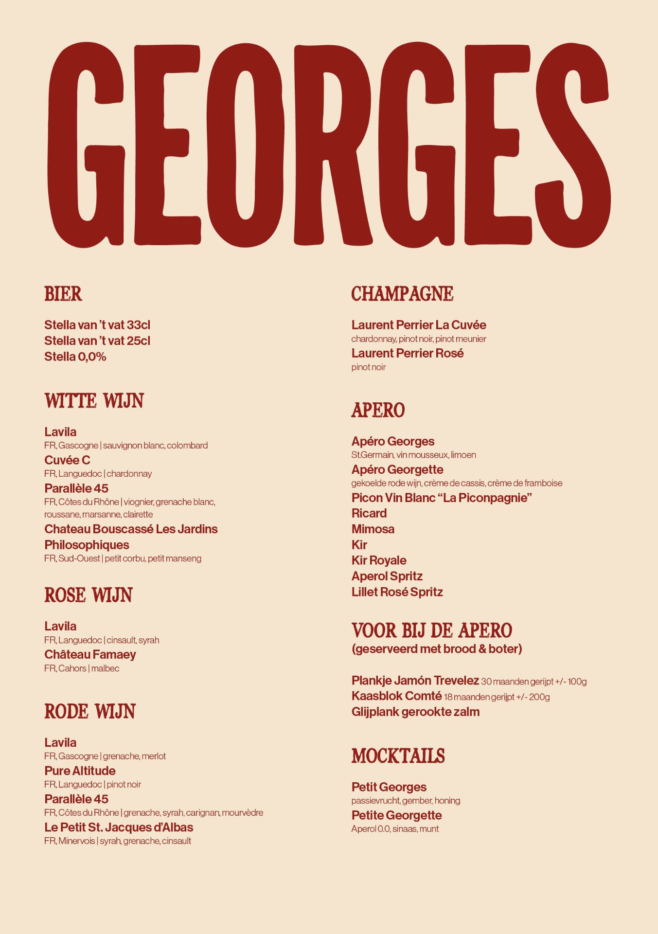 Georges menu — bier, wijn, champagne, apero & mocktails