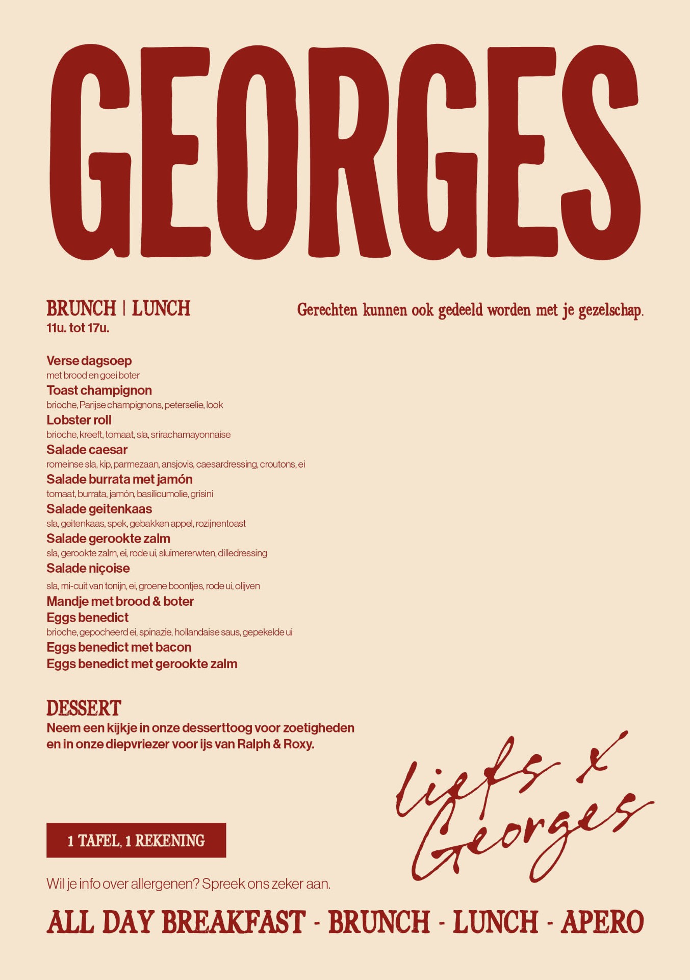 Georges menu — brunch, lunch & dessert